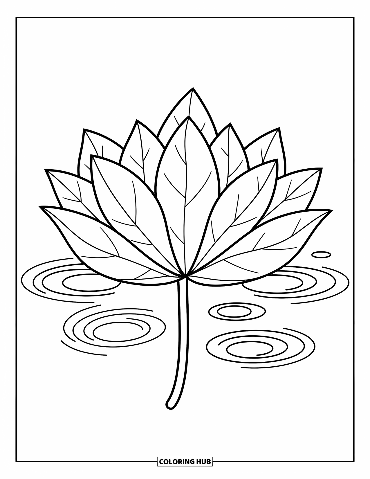 Leaf Coloring Page for Kids: A lotus leaf with flowing edges sits peacefully on water, framed by subtle ripples