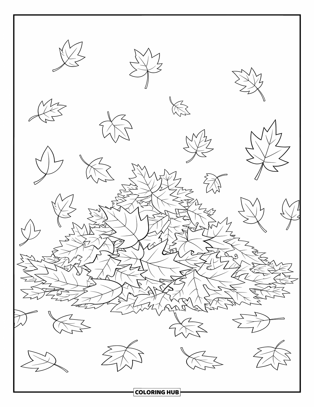 Leaf Coloring Page for Kids: A pile of autumn leaves spreads naturally, capturing the charm of the season