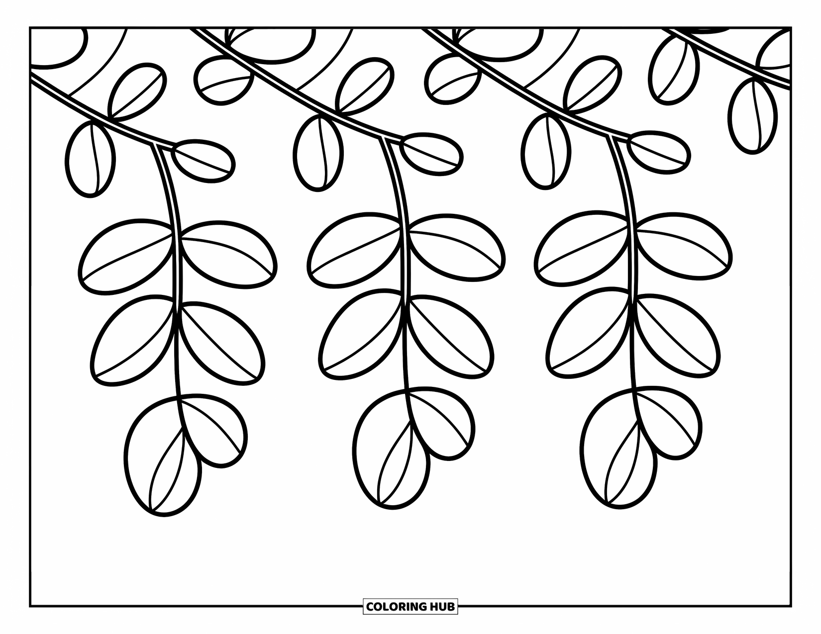 Leaf Coloring Page for Kids: A row of three leaves hangs gently from a slender branch in a simple, charming display