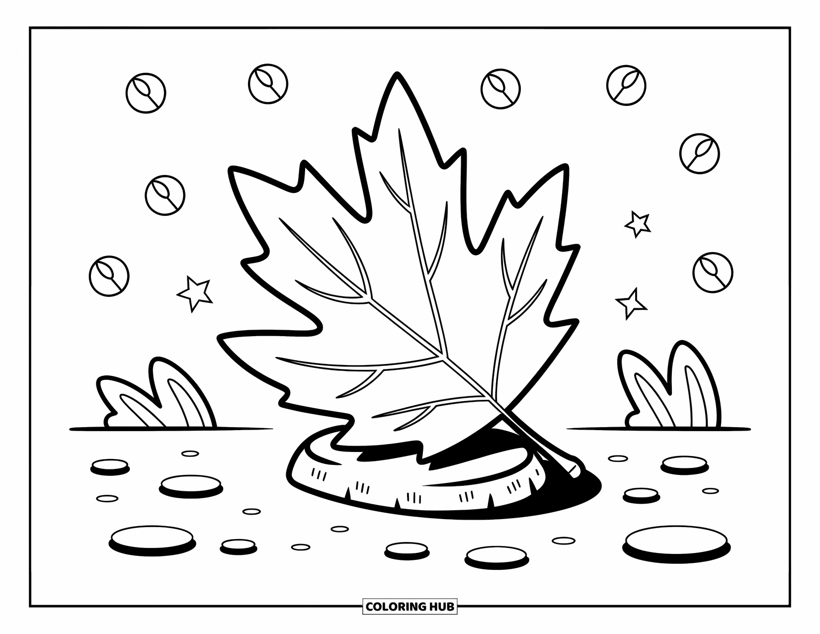 Leaf Coloring Page for Kids: A single leaf lies atop a tiny rock, its delicate veins adding subtle detail