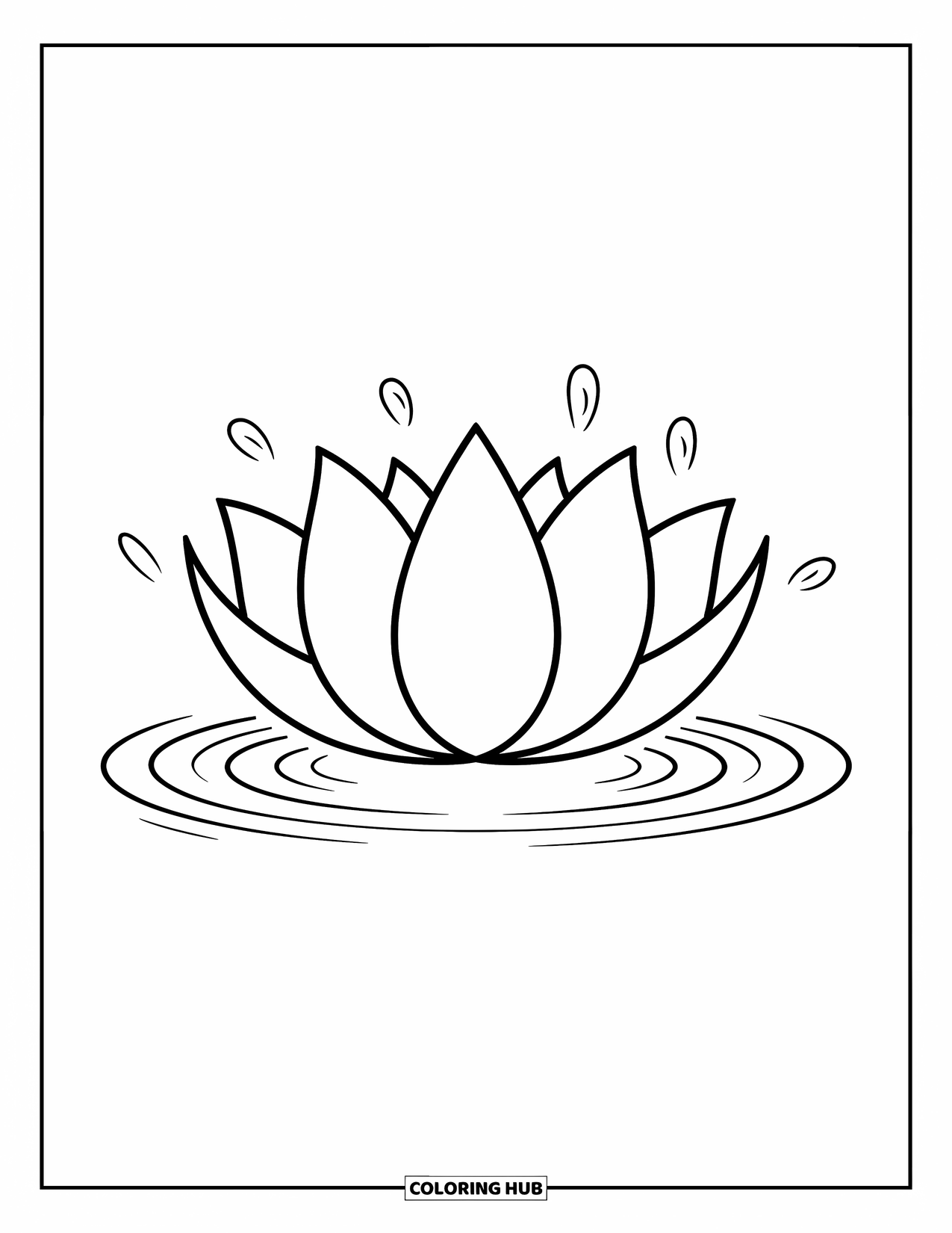 Leaf Coloring Page for Kids: A single lotus leaf floats with soft, wavy edges, surrounded by gentle ripples in the water