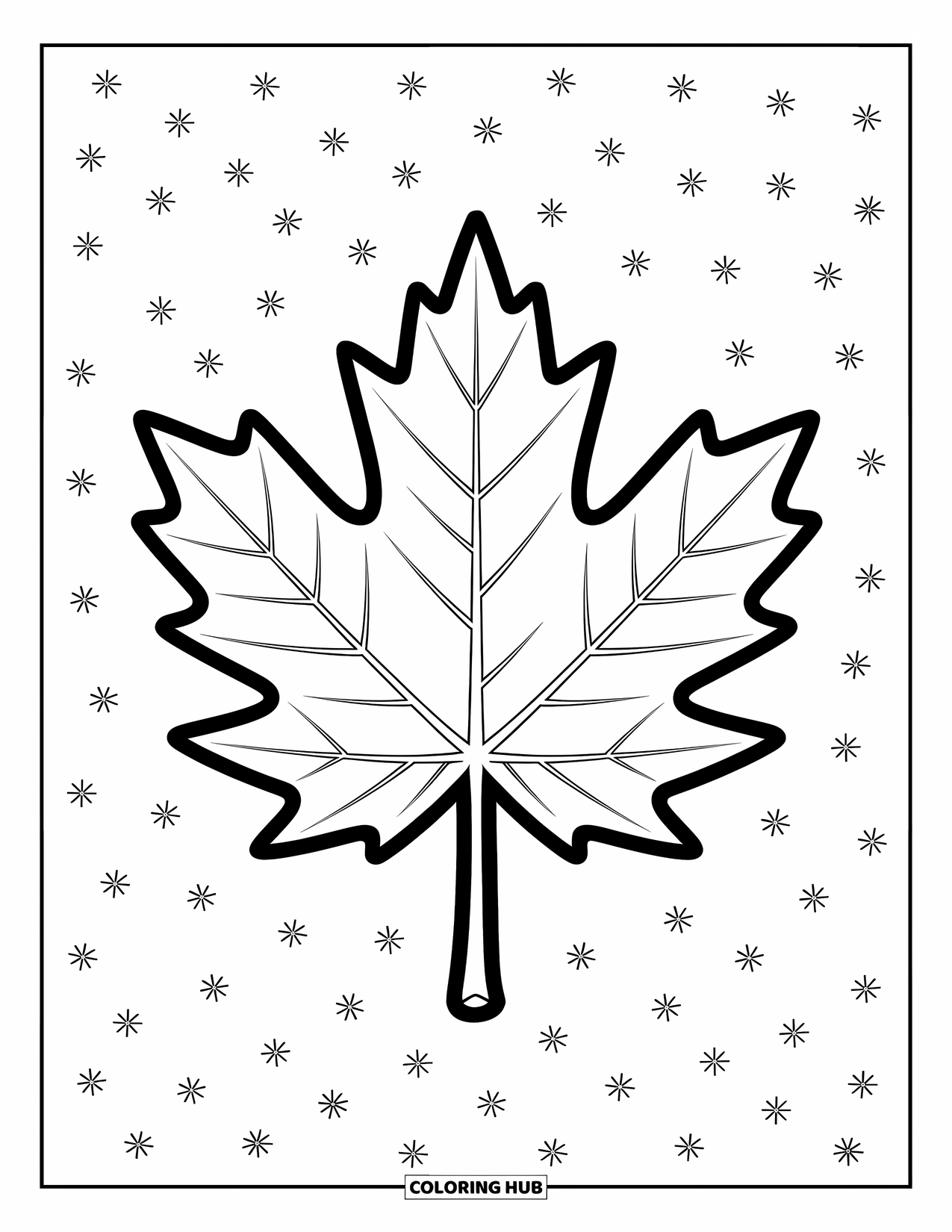 Leaf Coloring Page for Kids: A single maple leaf with strong, flowing lines offers a fun and easy design