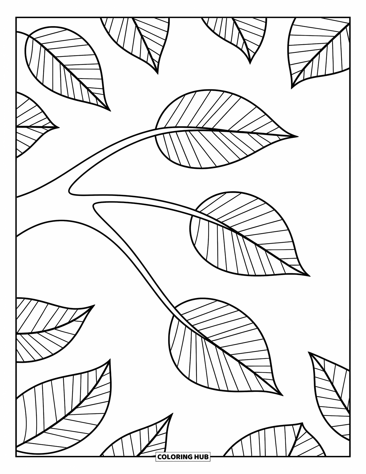 Leaf Coloring Page for Kids: A slender tree branch with three leaves sways softly in the wind