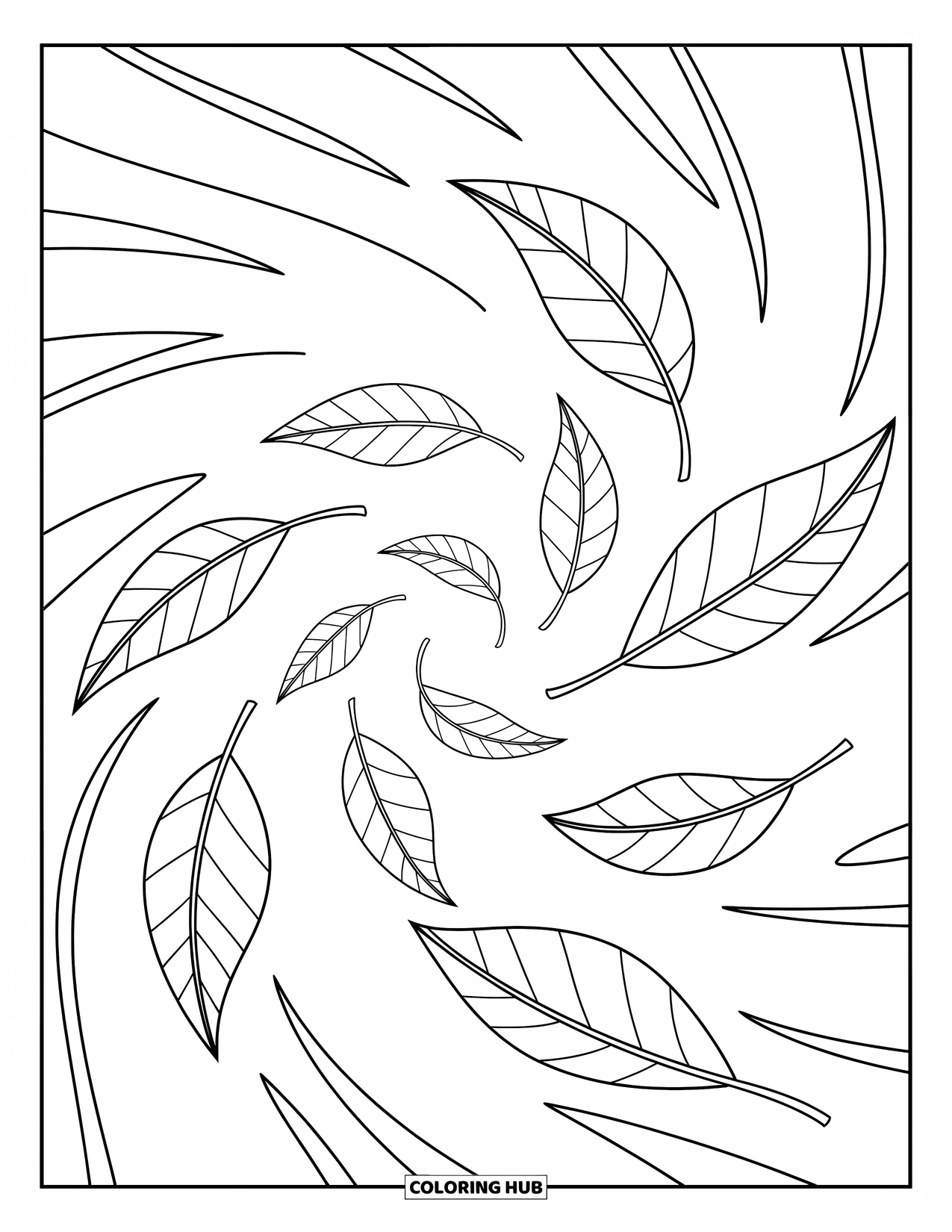 Leaf Coloring Page for Kids: A soft breeze lifts scattered leaves, swirling them playfully through the air