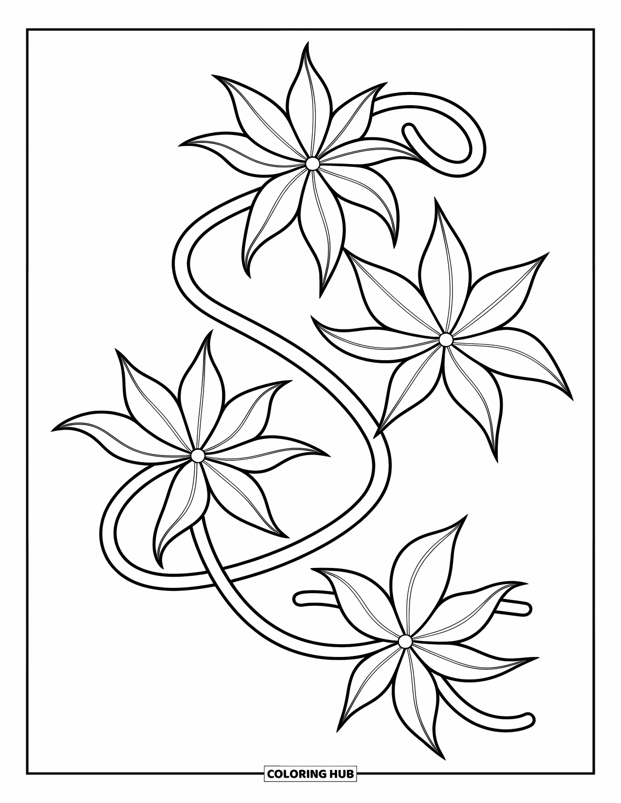 Leaf Coloring Page for Kids: A spiraling tendril with passionflower leaves playfully twists, creating a whimsical and flowing design