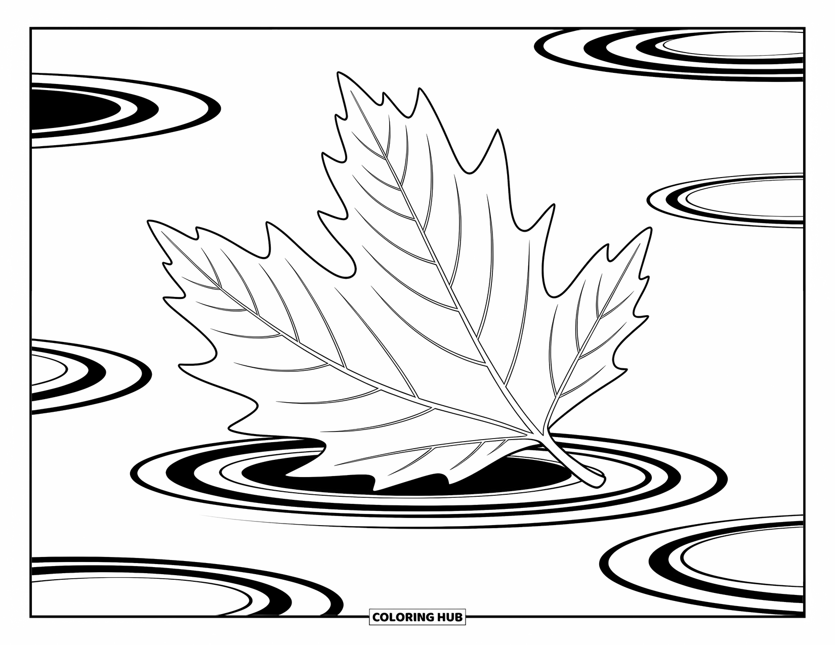 Leaf Coloring Page for Kids: A still pond cradles a gently floating leaf, surrounded by subtle ripples