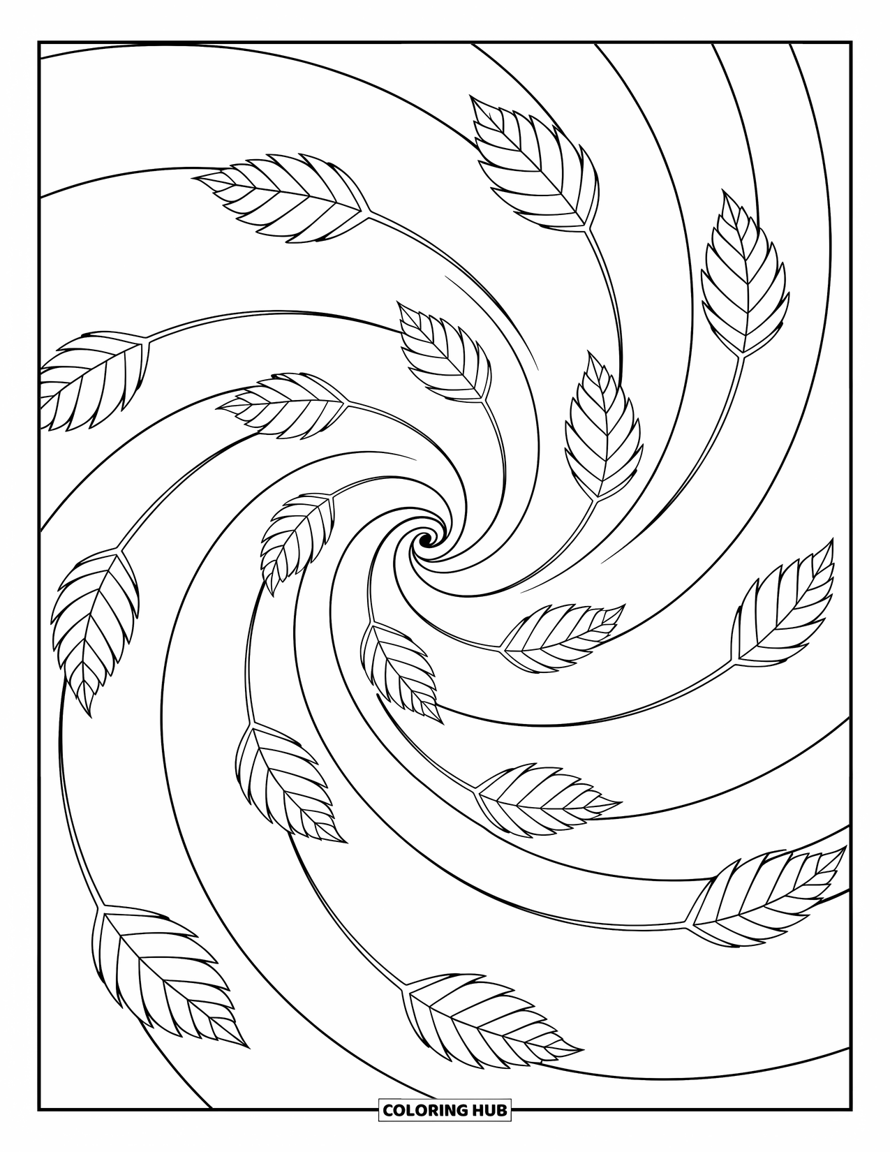 Leaf Coloring Page for Kids: A swirling breeze carries multiple leaves, creating a flowing and dynamic motion