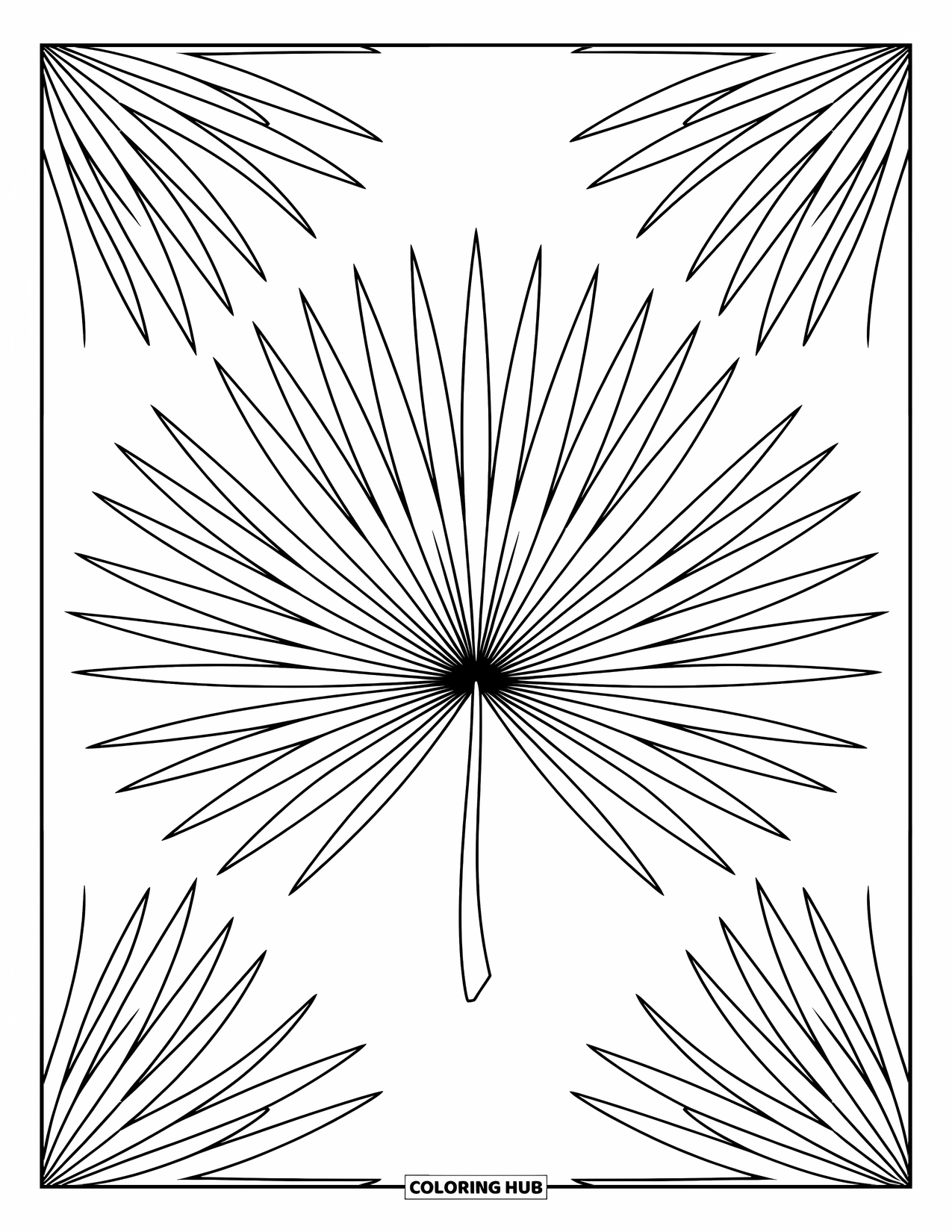 Leaf Coloring Page for Kids: A symmetrical sago palm leaf spreads its radiating lines in a balanced, eye-catching design
