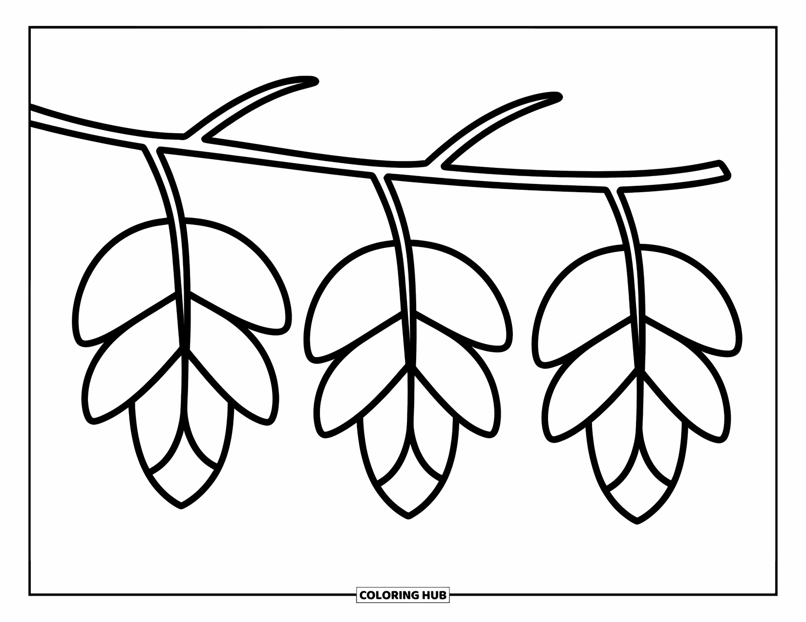 Leaf Coloring Page for Kids: A thin branch holds three leaves, each hanging in perfect harmony