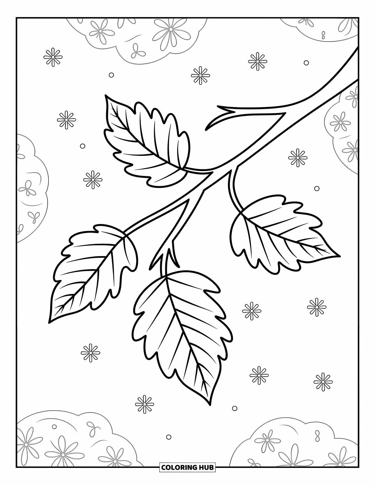 Leaf Coloring Page for Kids: A tree branch holds three delicate leaves that sway gently in the breeze