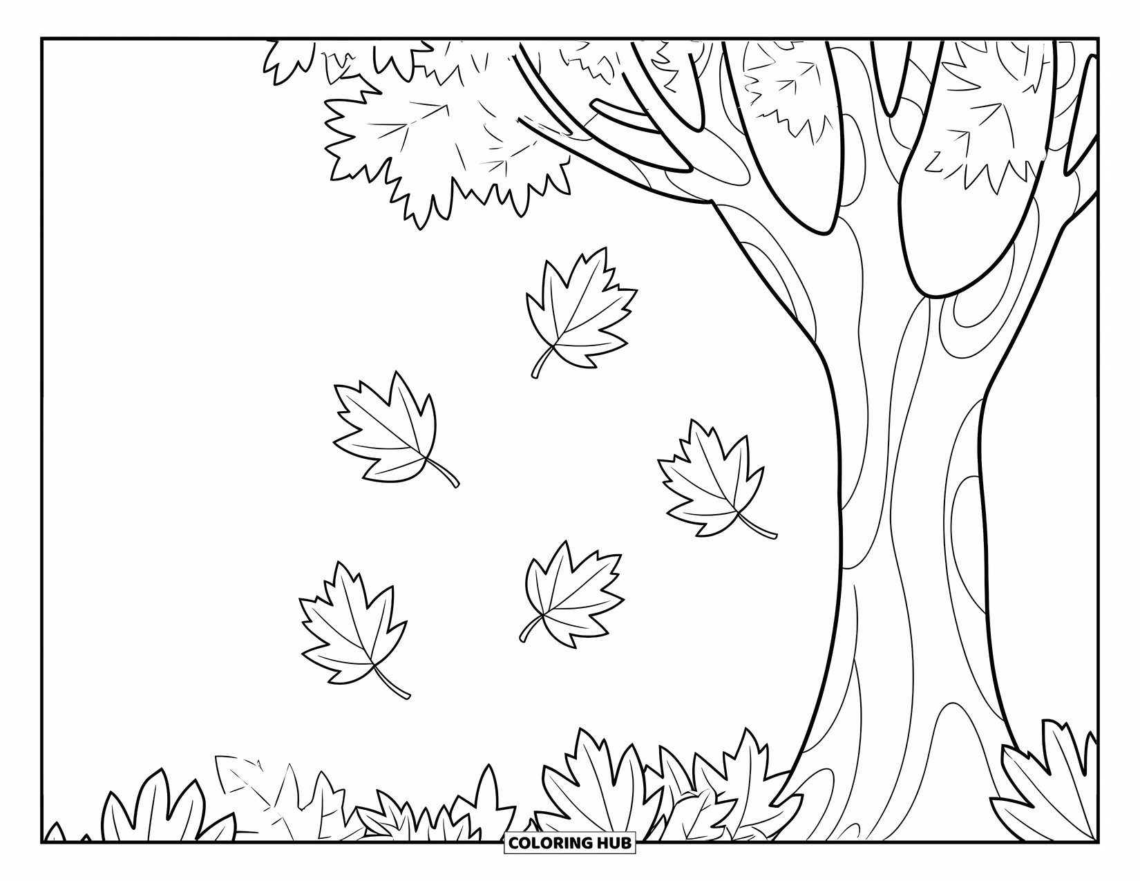 Leaf Coloring Page for Kids: A tree with scattered branches releases leaves that float softly downward