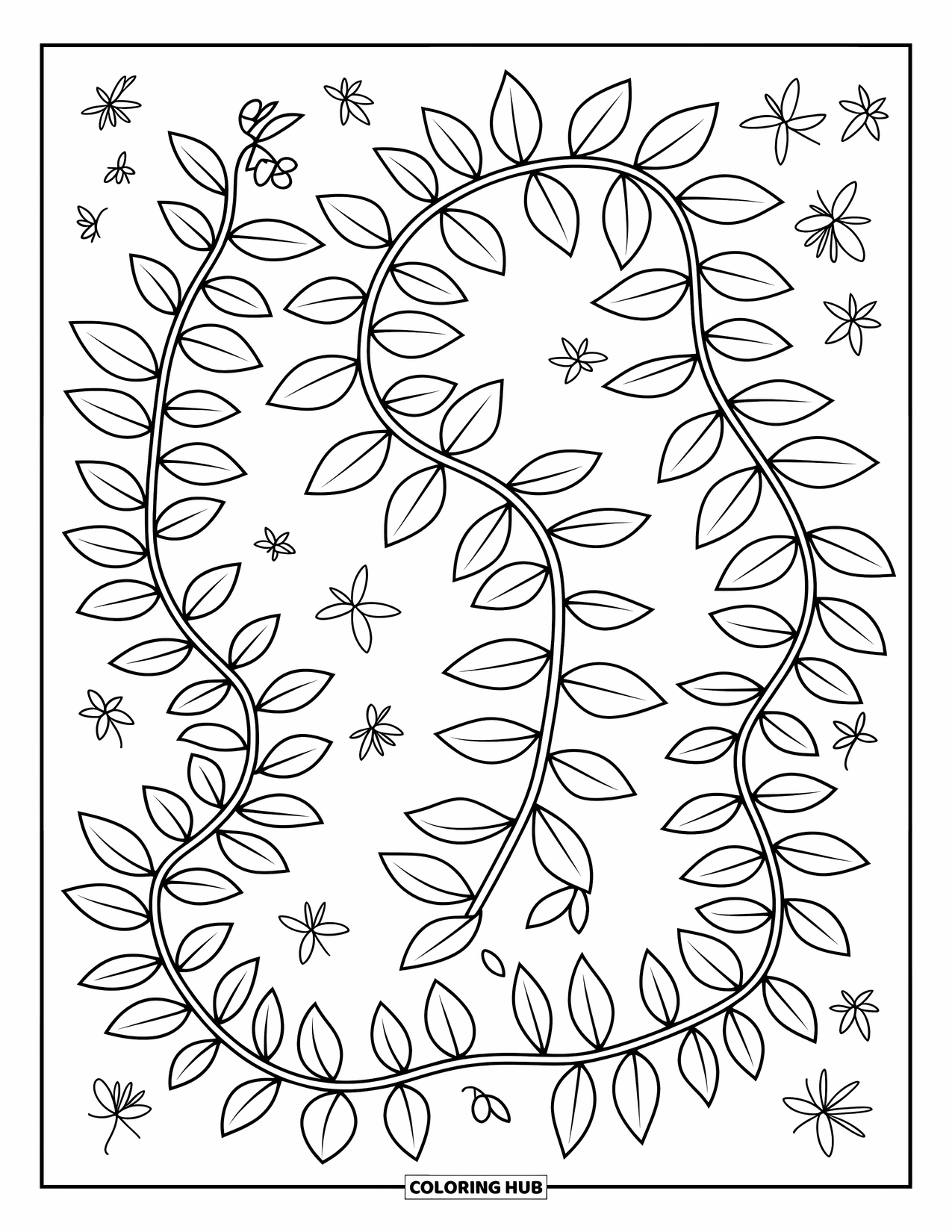 Leaf Coloring Page for Kids: A twisting vine with scattered leaves creates a whimsical and flowing design