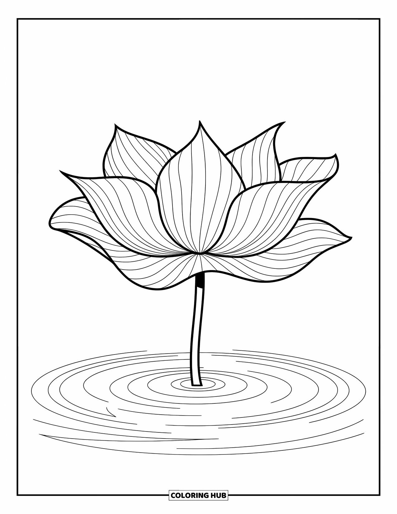 Leaf Coloring Page for Kids: A wavy lotus leaf floats on calm water, surrounded by gentle ripples