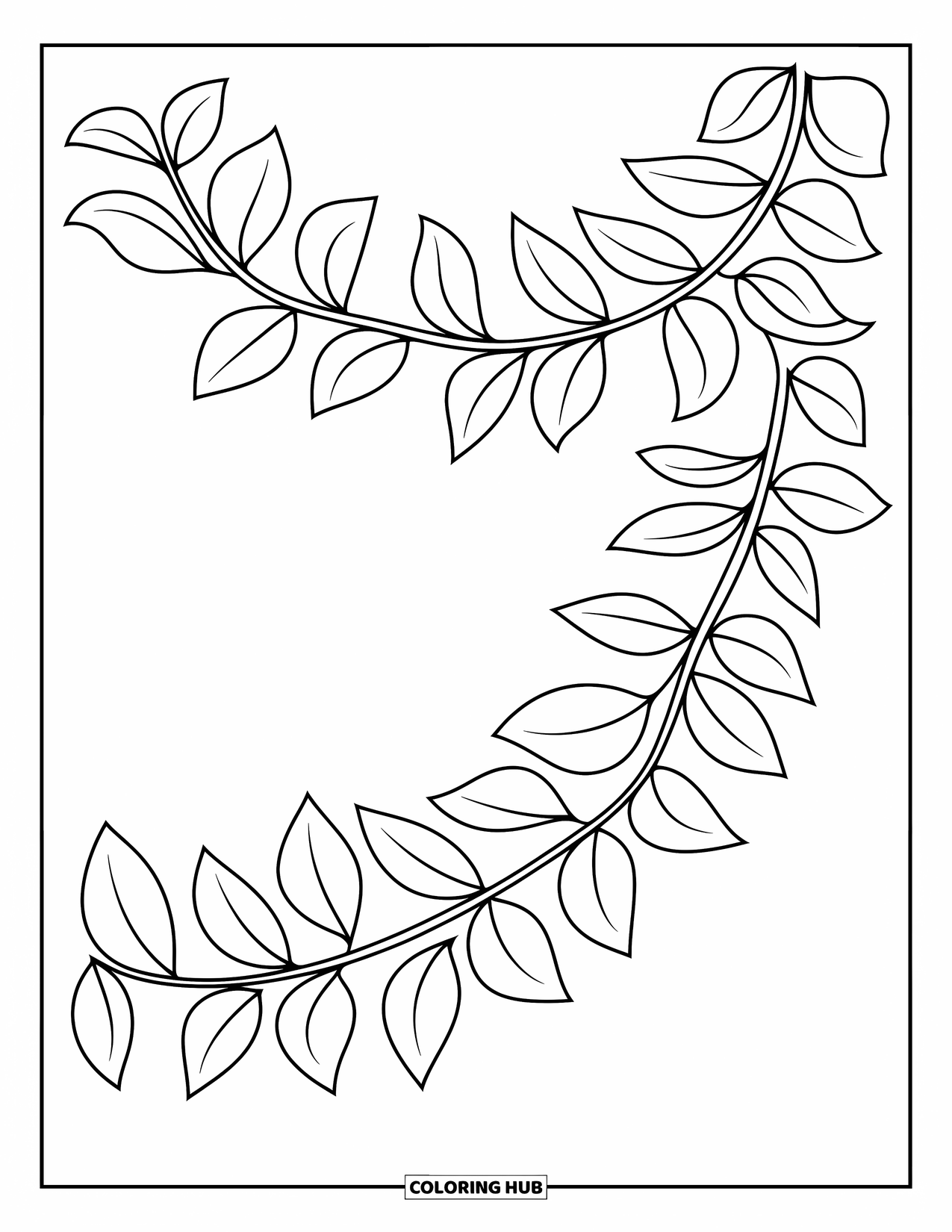 Leaf Coloring Page for Kids: A winding vine adorned with leaves of various shapes flows naturally across the page