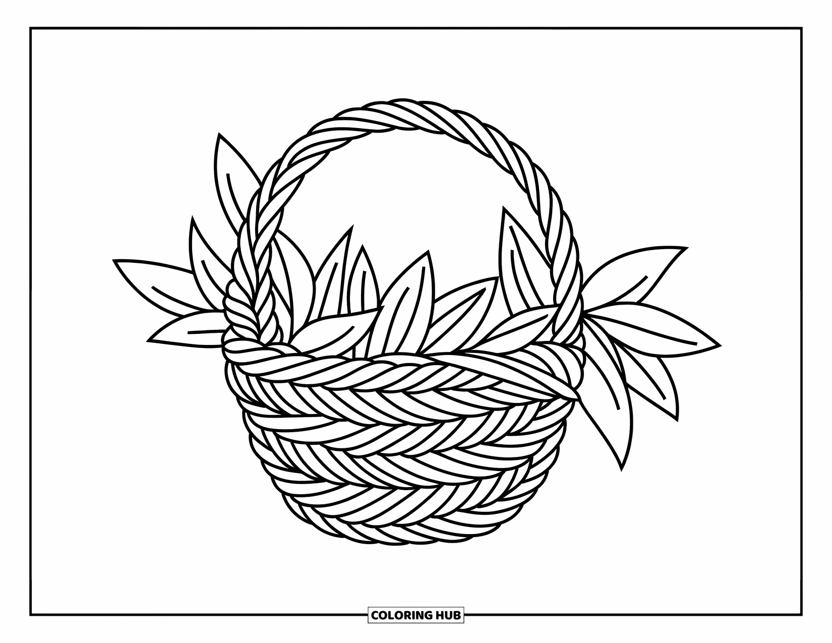 Leaf Coloring Page for Kids: A woven collection of leaves forms a basket-like shape with intricate, flowing details