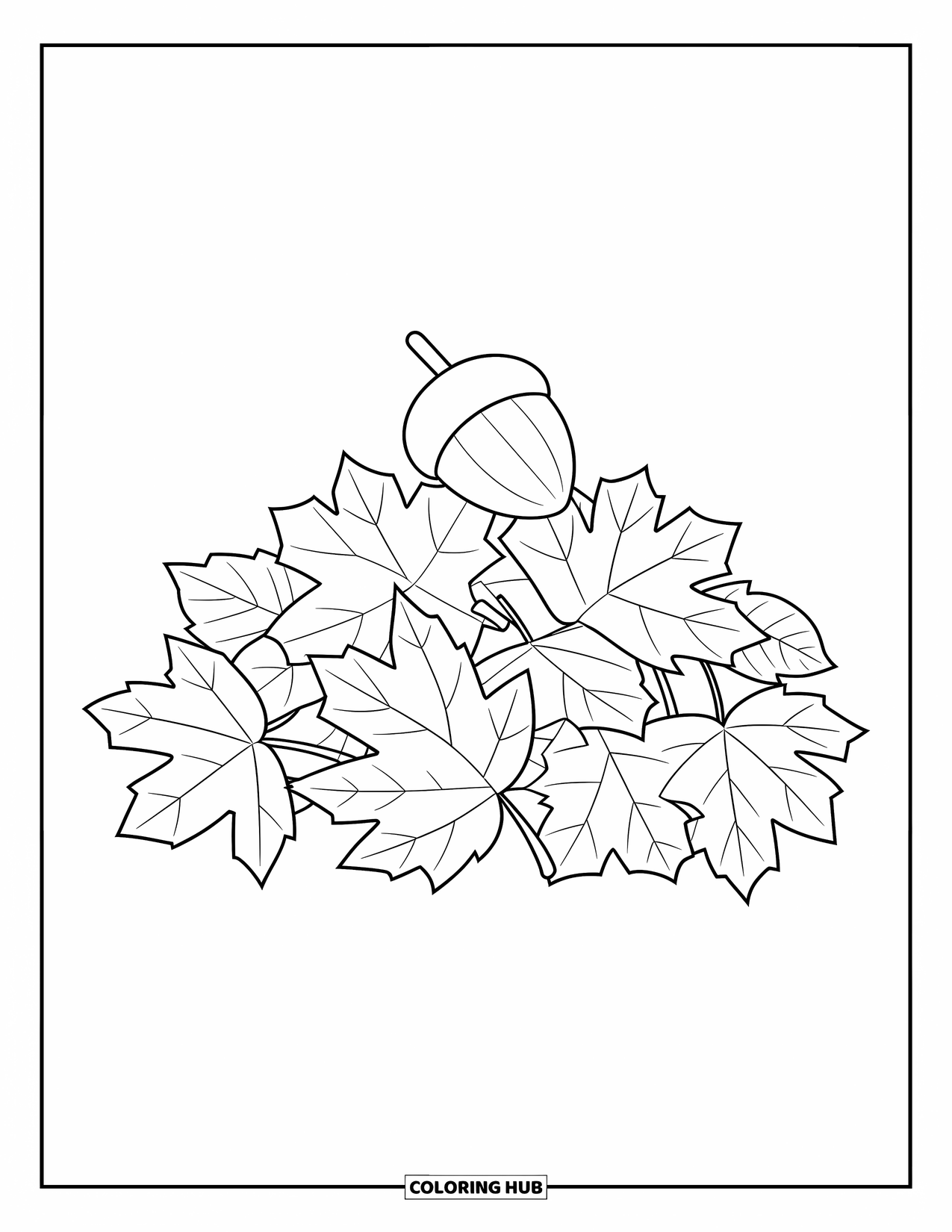 Leaf Coloring Page for Kids: An acorn sits atop a mound of scattered autumn leaves in a playful arrangement