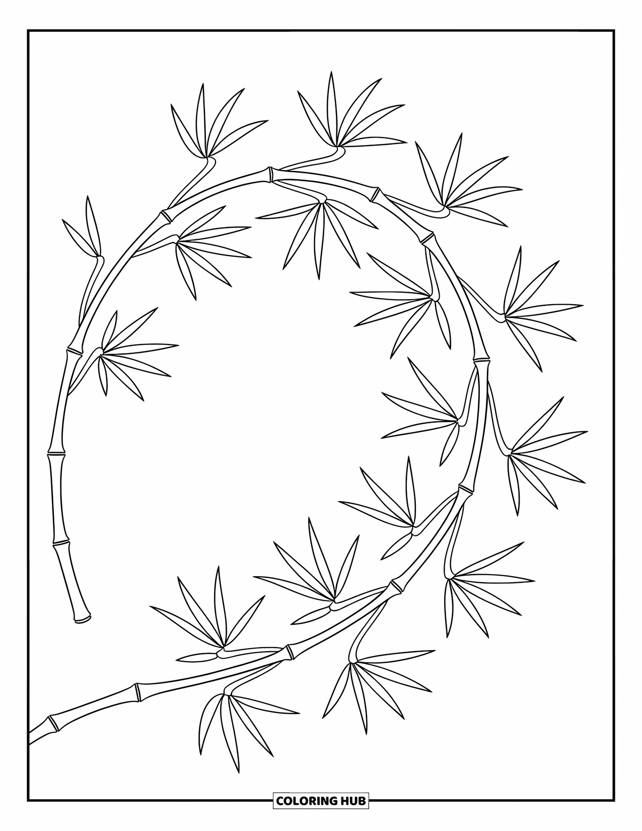 Leaf Coloring Page for Kids: An arching bamboo leaf cluster sways gently, creating a dynamic and elegant design