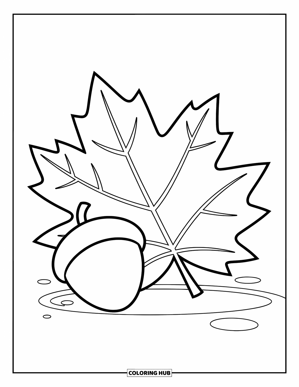 Leaf Coloring Page for Kids: An autumn leaf and a small acorn sit side by side in a simple, charming scene