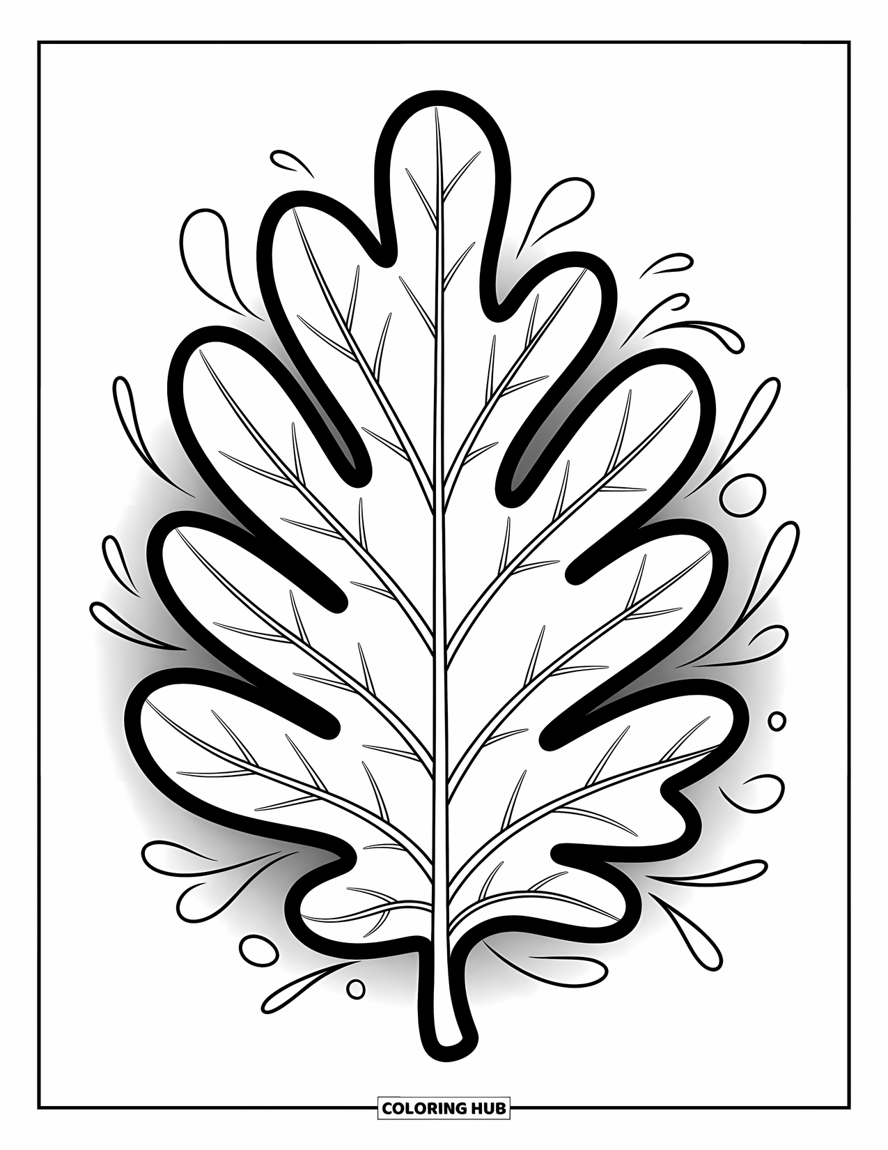 Leaf Coloring Page for Kids: An oak leaf with flowing vein patterns adds a touch of nature's elegance and charm
