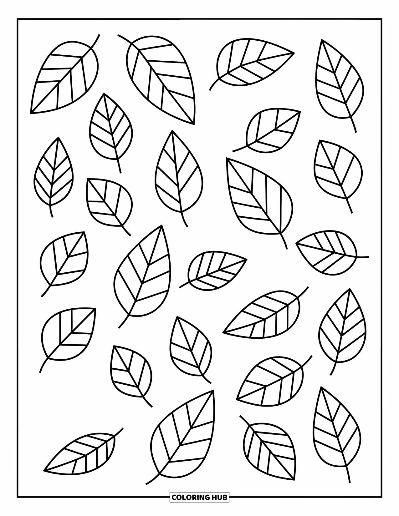 Leaf Coloring Page for Kids: Different-sized leaves are scattered playfully, creating a fun and lively design