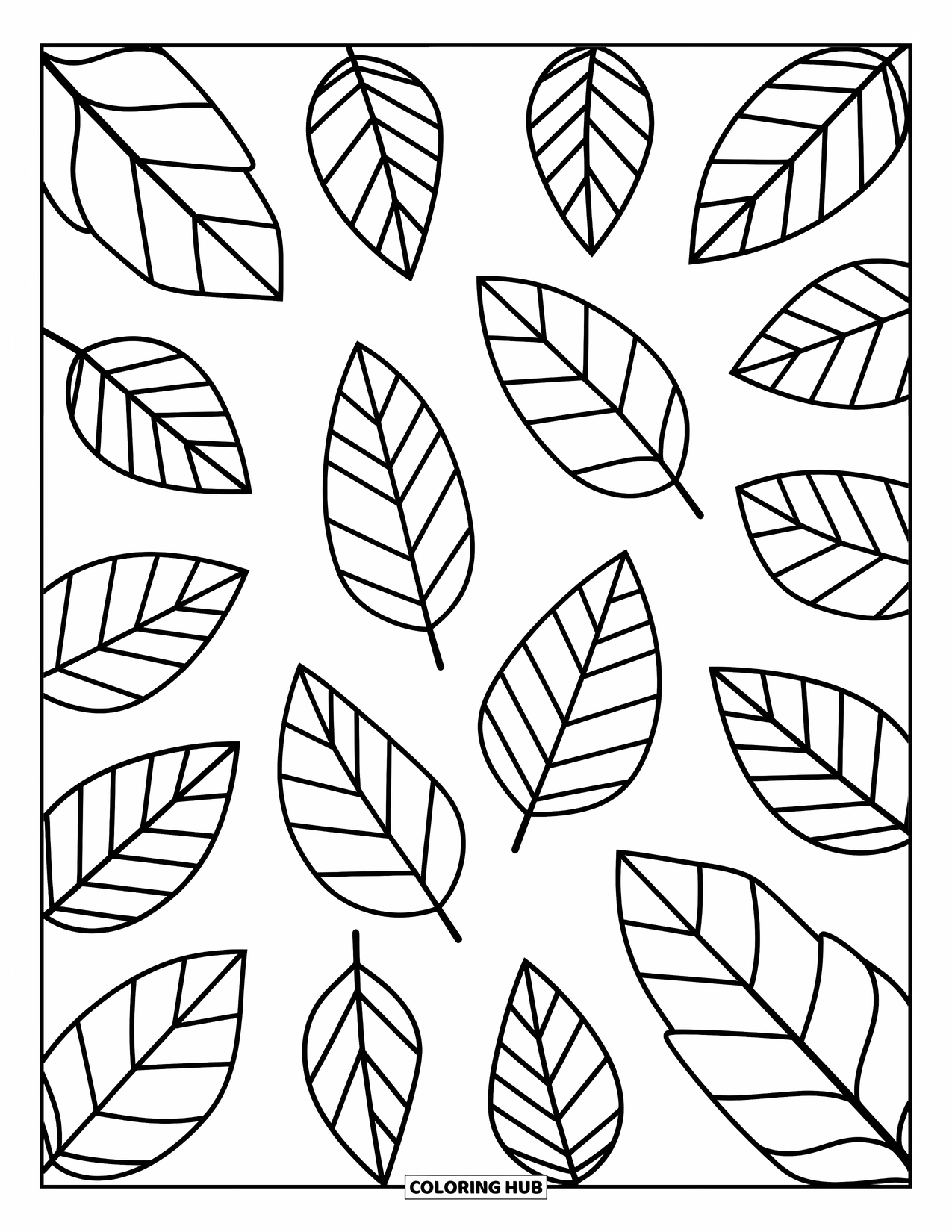 Leaf Coloring Page for Kids: Leaves of various sizes are spread randomly, forming a simple and engaging scene