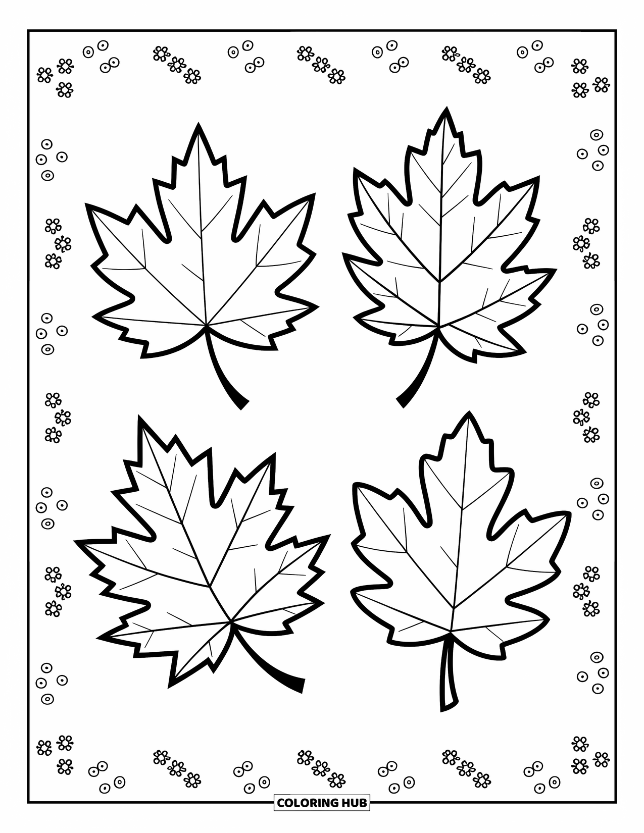 Leaf Coloring Page for Kids: Three distinct leaves-a maple, oak, and birch-are arranged in a balanced composition