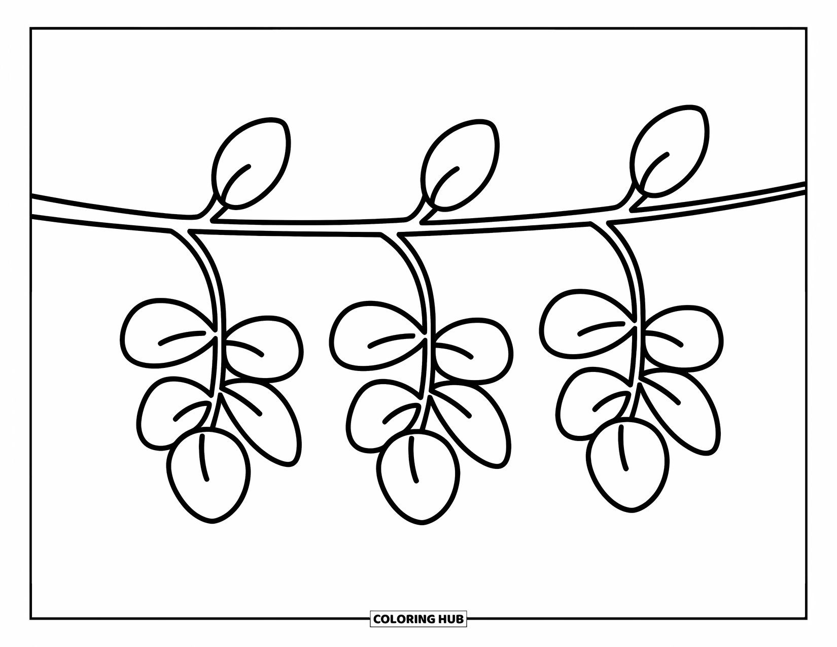 Leaf Coloring Page for Kids: Three evenly spaced leaves hang from a thin branch in a balanced, simple design