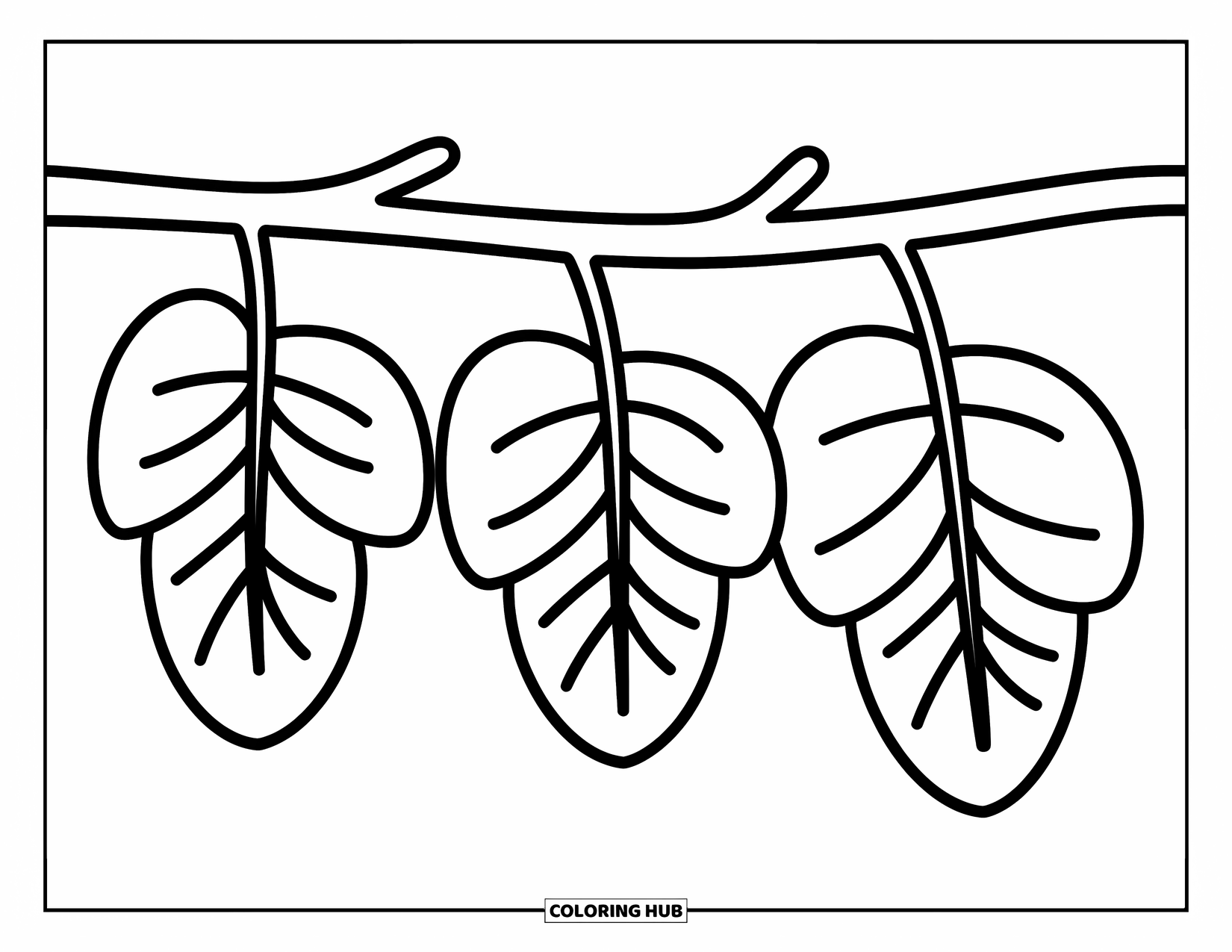 Leaf Coloring Page for Kids: Three leaves dangle from a delicate branch, forming a playful, even pattern