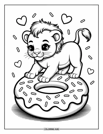 Coloriage de lion pour adultes : Un bébé lion s’accroche à un énorme donut, entouré de petits cœurs flottants et de détails fantaisistes
