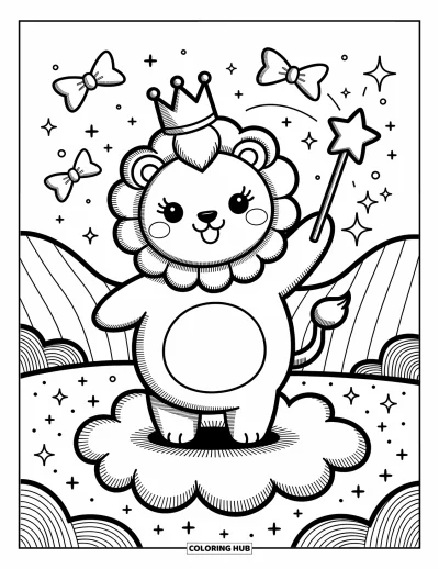 Coloriage de lion pour adultes : Un bébé lion agite une baguette à étoile, debout sur un nuage cotonneux pendant que des étincelles et des nœuds dansent autour