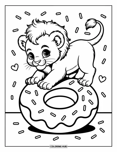 Coloriage de lion pour adultes : Un bébé lion à la crinière duveteuse est perché sur un énorme donut, regardant curieusement par-dessus le bord