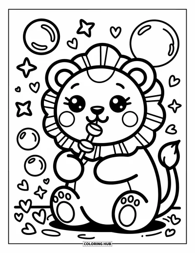 Coloriage de lion pour adultes : Un bébé lion aux grands yeux curieux regarde des bulles de savon dériver en formes fantaisistes