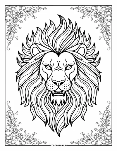 Coloriage de lion pour adultes : La crinière d’un lion audacieux se transforme en volutes flamboyantes, mêlant force et mouvement