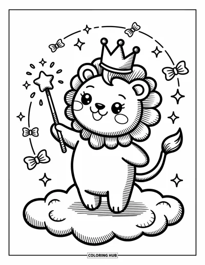 Coloriage de lion pour adultes : Un lion potelé se tient sur un nuage moelleux, agitant joyeusement une baguette à étoile parmi des étincelles