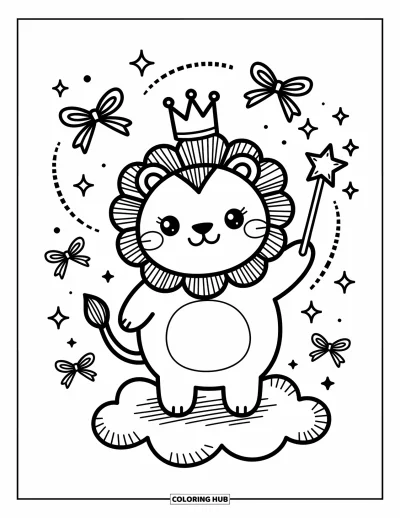 Coloriage de lion pour adultes : Un lion potelé se tient sur un nuage moelleux, agitant une baguette magique pendant que des étincelles et des nœuds flottent autour