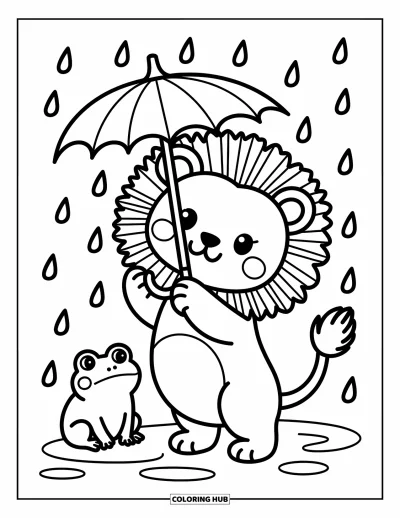Coloriage de lion pour adultes : Un lion paisible serre un parapluie en feuille tandis qu’une petite grenouille se tient près de lui sous une pluie légère