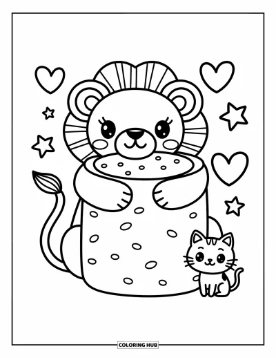 Coloriage de lion pour adultes : Un lion câlin serre un énorme marshmallow, ses petites pattes peinant à entourer cette gourmandise moelleuse
