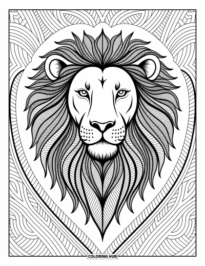 Coloriage de lion pour adultes : Un visage de lion détaillé avec une crinière riche en motifs est encadré par des bordures élégantes