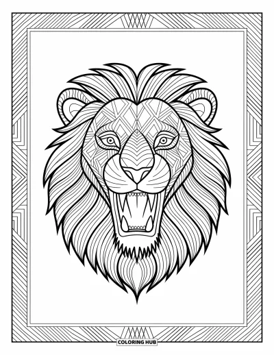 Coloriage de lion pour adultes : Un lion féroce rugit, sa crinière ondulant en motifs décoratifs audacieux