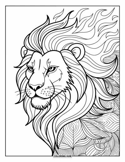 Coloriage de lion pour adultes : Un lion féroce à la crinière de flammes tourbillonnantes crée une image intense et puissante