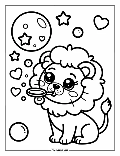 Coloriage de lion pour adultes : Un lionceau duveteux fait des bulles et les observe flotter en formes ludiques comme des étoiles et des cœurs