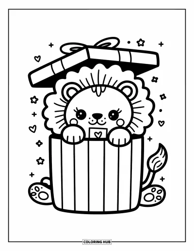 Coloriage de lion pour adultes : Un lion duveteux apparaît d’une grande boîte cadeau, tenant une petite note en forme de cœur pendant que des confettis tourbillonnent