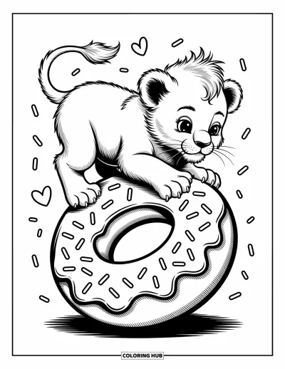 Coloriage de lion pour adultes : Un lion à crinière duveteuse garde l’équilibre sur un donut, ses pattes agrippées au bord tandis qu’il regarde vers le bas