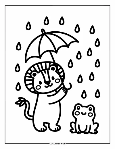 Coloriage de lion pour adultes : Un lion à la crinière duveteuse tient un parapluie en feuille et partage un moment de pluie avec une petite grenouille