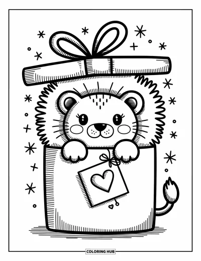 Coloriage de lion pour adultes : Un lion à crinière duveteuse sort en jouant d’une grande boîte cadeau, tenant une petite note en forme de cœur