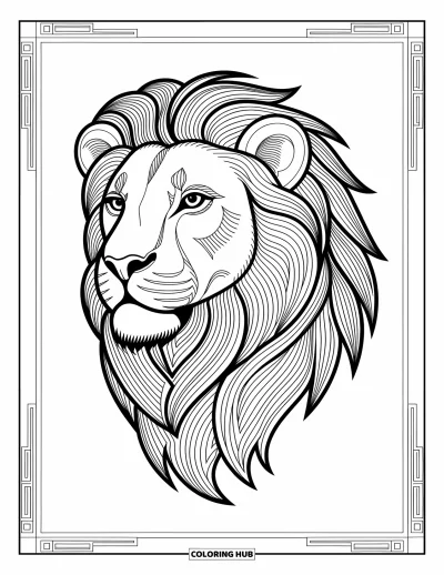 Coloriage de lion pour adultes : La crinière très détaillée d’un lion s’étire en motifs entrelacés et en éléments artistiques délicats