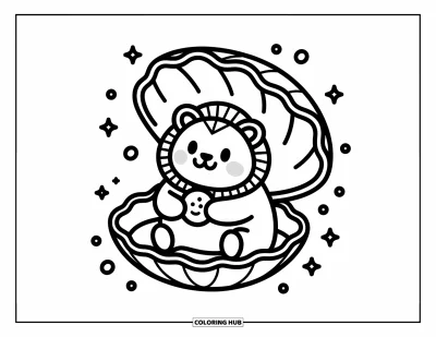 Coloriage de lion pour adultes : Un lion de style kawaii repose paisiblement dans un coquillage ouvert, tenant une petite perle avec un sourire doux