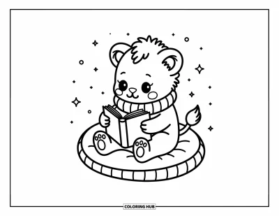 Coloriage de lion pour adultes : Un lion enveloppé dans une écharpe douce savoure un moment de lecture calme, entouré d’étoiles flottantes