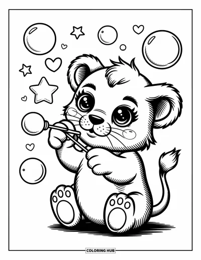 Coloriage de lion pour adultes : Un lionceau assis joyeusement souffle des bulles qui deviennent de petites étoiles et des cœurs dans les airs