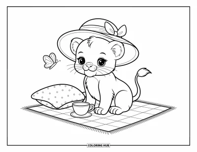 Coloriage de lion pour adultes : Un lion portant un chapeau de soleil est assis sur une couverture de pique-nique, savourant du thé pendant qu’un papillon vole à côté